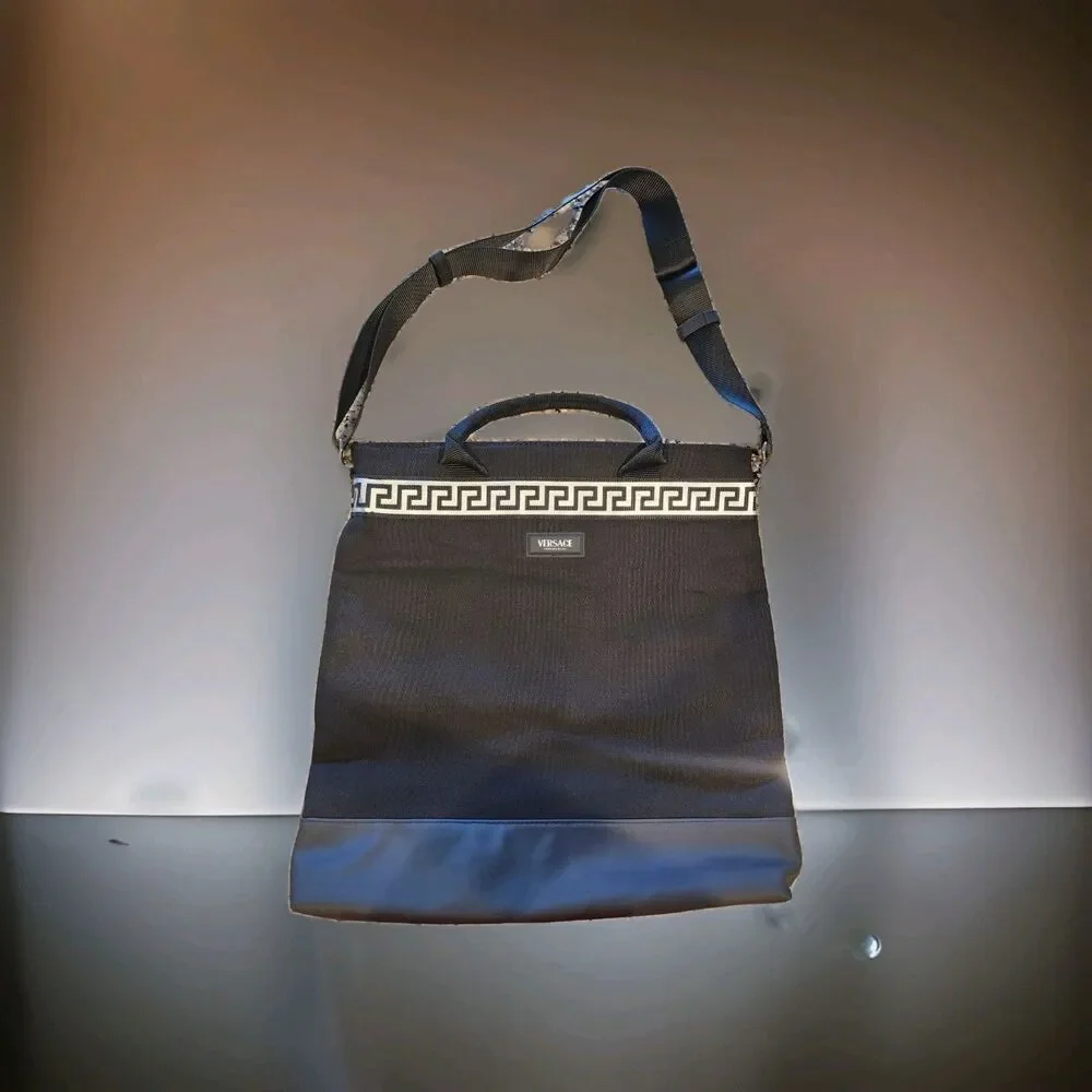 Versace Fragrances Black Canvas Greek Key Silver Accent Zipper Closure